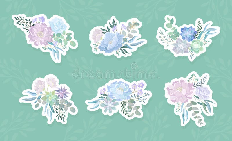 Blue Flowers Stickers Design with Blooming Flora Composition Vector Set royalty free illustration