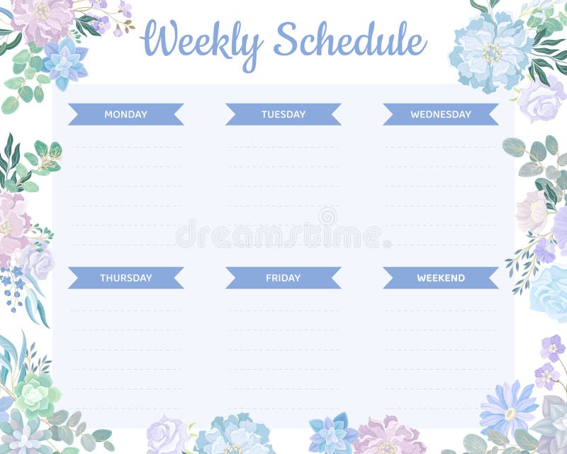 Blue Flowers Weekly Schedule Design with Blooming Flora Composition Vector Template stock illustration