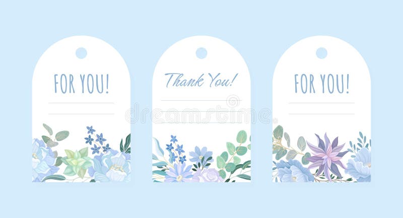 Blue Flowers Wish Tag Design with Blooming Flora Composition Vector Template stock illustration