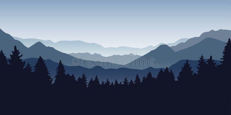 Blue foggy mountain and forest nature landscape