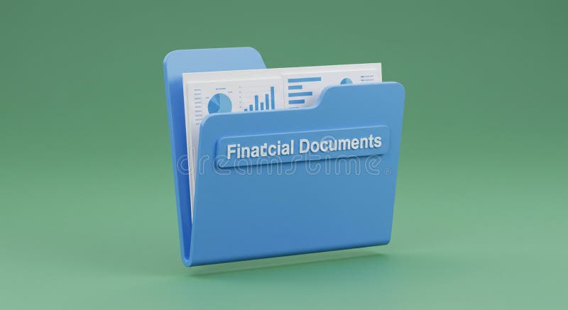 A blue folder labeled \'Finactial Documents\' contains paper with charts and graphs vector illustration