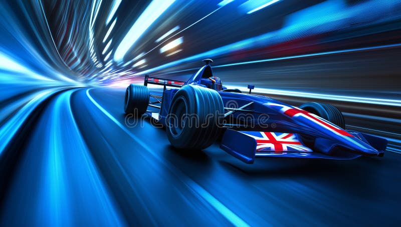 A blue Formula 1 car with the British flag on it, driving through an underground tunnel. Generative AI. stock illustration