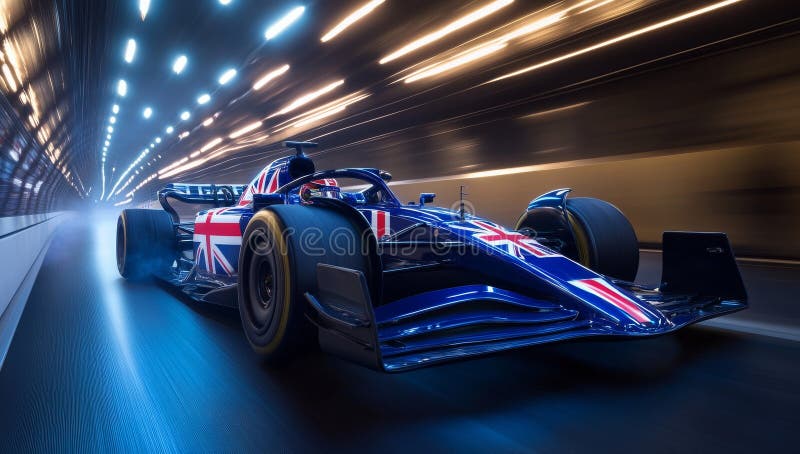 A blue Formula 1 car with the British flag on it, driving through an underground tunnel. Generative AI. vector illustration