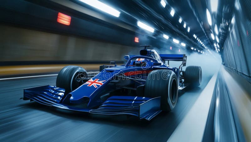 A blue Formula 1 car with the British flag on it, driving through an underground tunnel. Generative AI. stock illustration