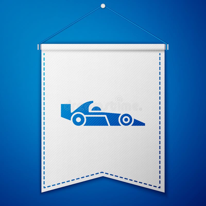 Blue Formula 1 racing car icon isolated on blue background. White pennant template. Vector Illustration royalty free illustration