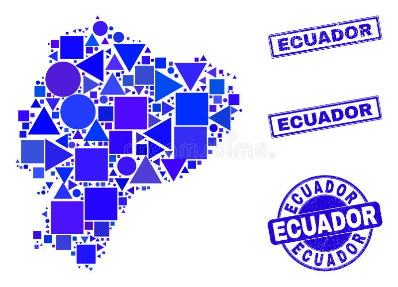 Blue Geometric Mosaic Ecuador Map and Stamps stock illustration