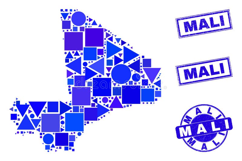 Blue Geometric Mosaic Mali Map and Seals royalty free illustration