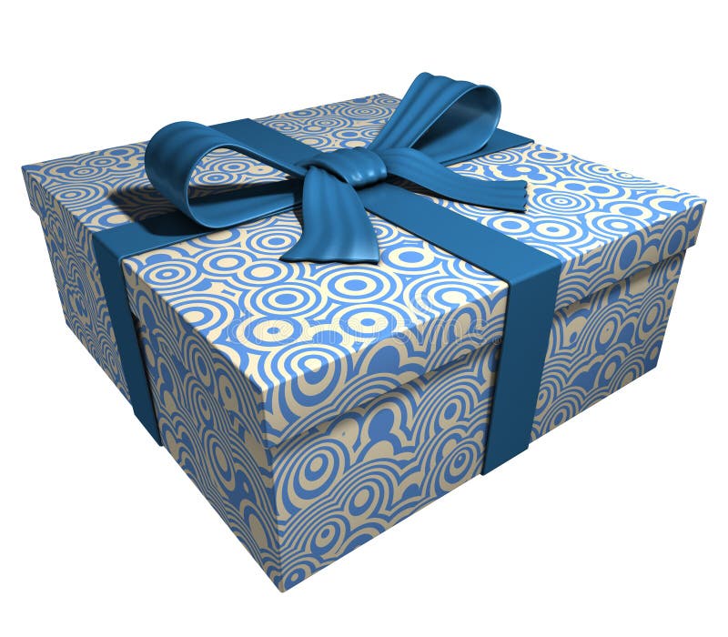 Blue gift box - blue ribbon. Gift or present, box with blue ornaments and blue ribbon and bow, check my portfolio for variations stock illustration Blue gift box - blue ribbon. Gift or present, box with blue ornaments and blue ribbon and bow, check my portfolio for variations stock illustration