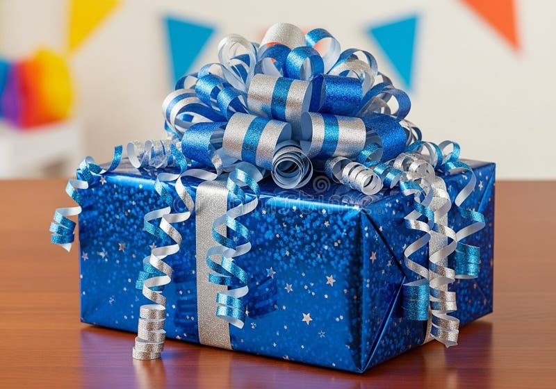 Blue gift box with a shimmering star pattern, elegantly wrapped in stock image