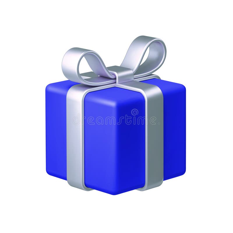 Blue gift box with silver bow ribbon isolated on white background. 3d render holiday decorations. Vector illustration. stock illustration