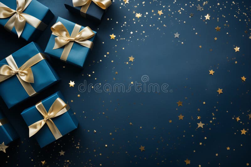 Blue Gift Boxes with Golden Ribbons, on a Dark Background Stock Image