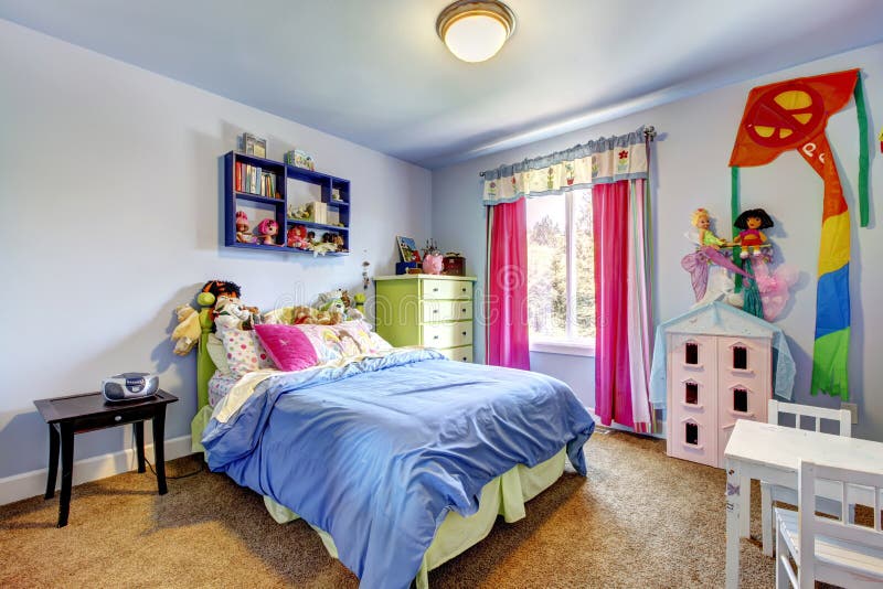 Blue Girls Bedroom Interior. Child Room. Stock Image - Image of modern ...