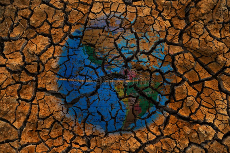 Blue global map double exposure on dry or drought red soil land in global warming or climate change environmental issue concept. World climate change stock images, royalty-free photos and pictures
