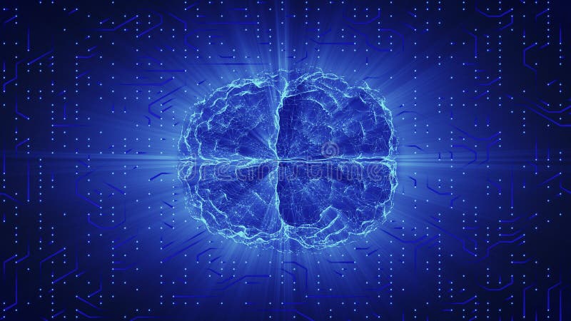 Blue glowing brain wired on neural surface or electronic conductors. stock illustration