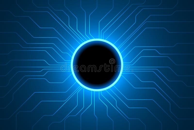 Blue glowing circuit board background with black space on center seamless pattern vector.