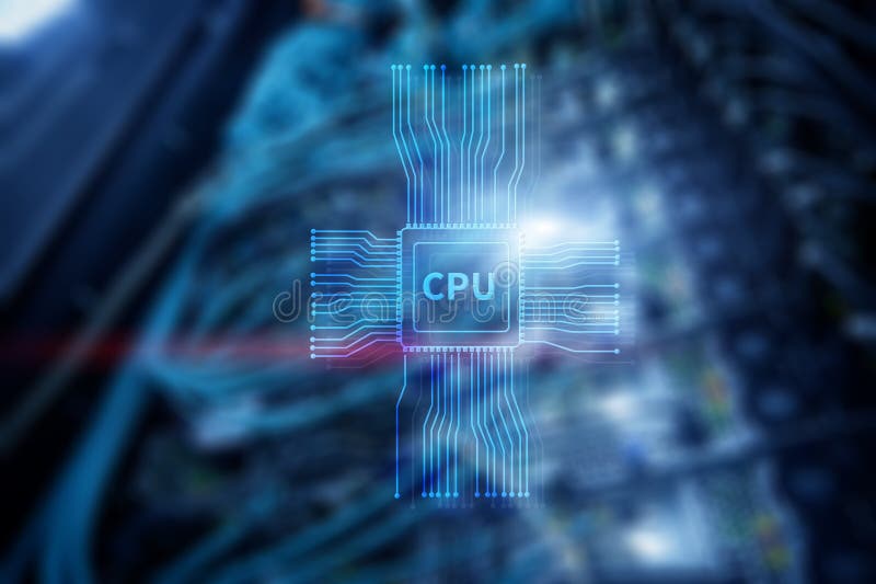 Blue glowing futuristic cpu in the center of computer system royalty free stock image