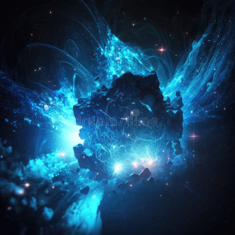 Blue glowing futuristic interstellar object in space, extraterrestrial artificial spaceship in rock vector illustration