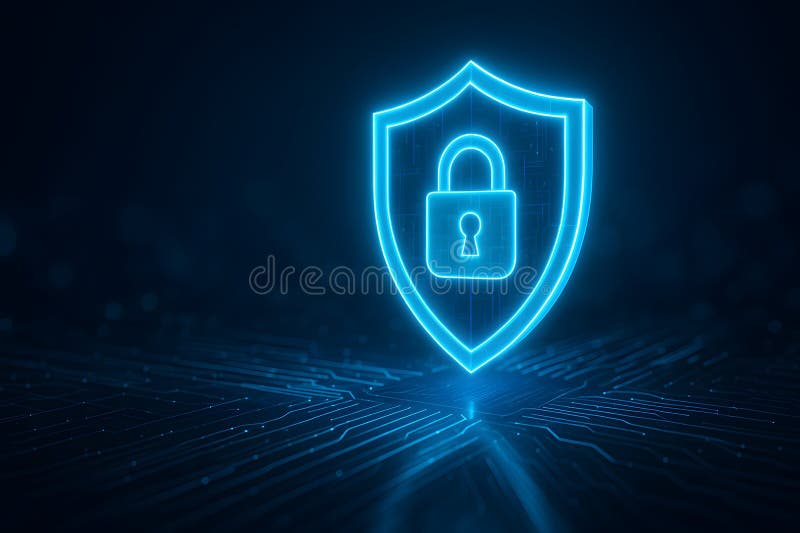 Blue glowing shield with secure lock icon protecting digital circuit landscape vector illustration