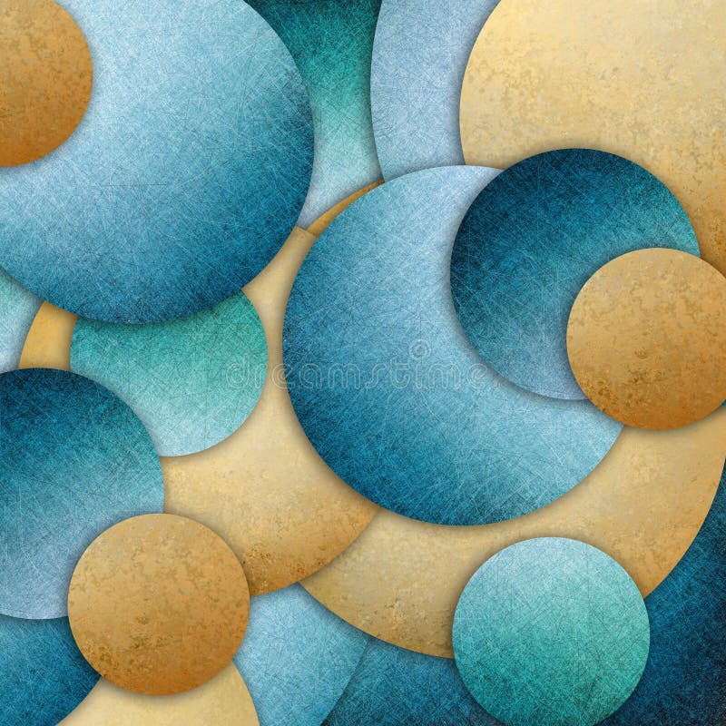 Blue gold abstract background design of layers of round circle shapes in random pattern stock images