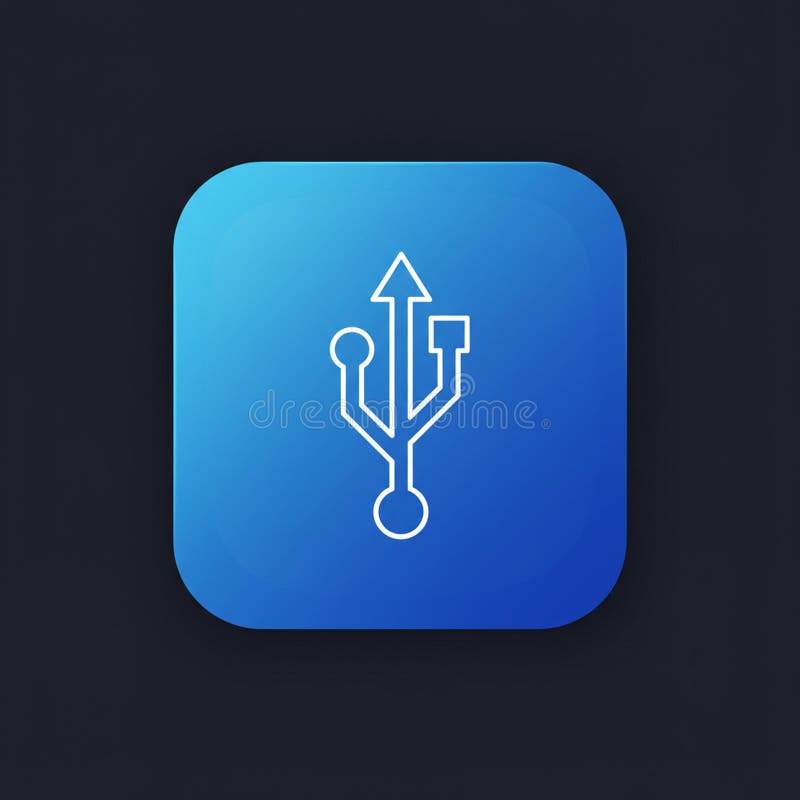 Blue gradient square icon featuring the universal serial bus (USB) symbol in white. Th royalty free illustration
