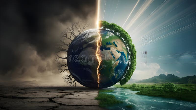A powerful conceptual illustration of planet Earth split down the middle, showing the stark contrast between a barren, dry, polluted wasteland and a lush, green, healthy ecosystem. This environmental design highlights the severe impact of climate change, global warming, and the urgent need for nature conservation. Perfect for ecology campaigns, sustainability concepts, and environmental awareness backgrounds. World climate change stock images, royalty-free photos and pictures
