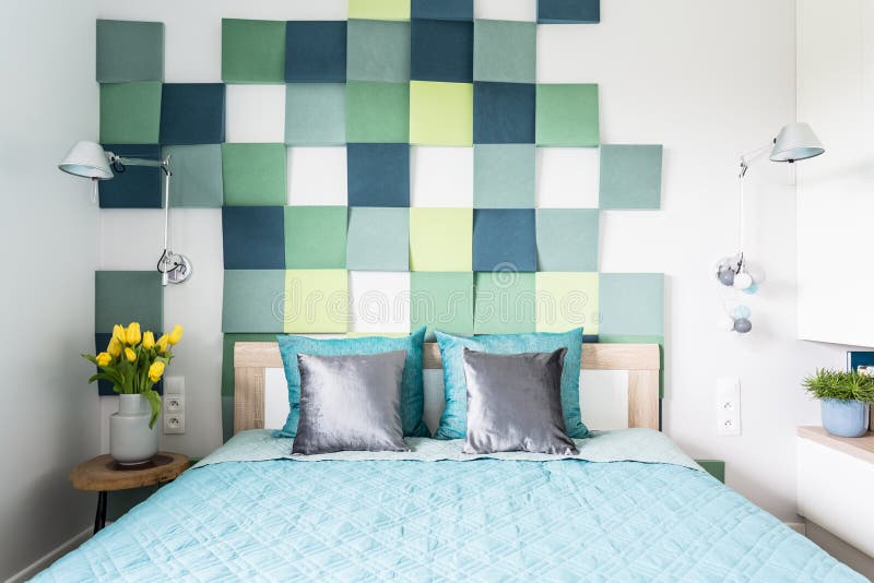 Blue and green bedroom interior