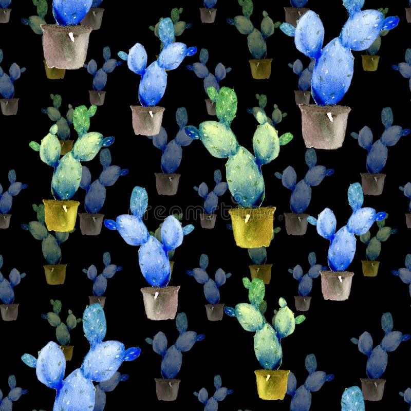 Blue and green cactus in pots. Watercolor seamless pattern on black