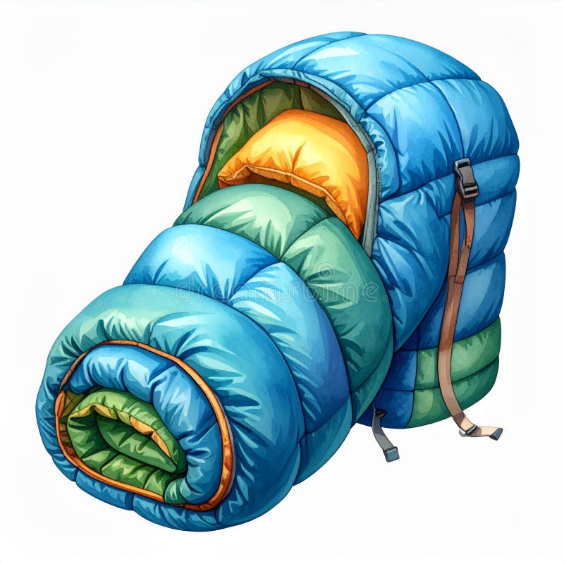 Blue Green Sleeping Bag with Orange Pillow Ready for Camping royalty free illustration