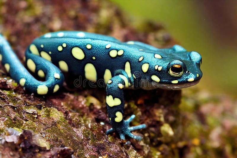 Blue green smooth salamander perched on damp rock in woods. , created with generative ai