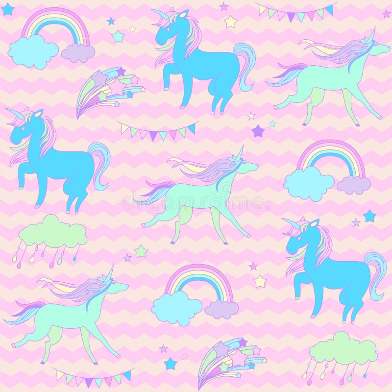 Blue and Green Unicorns with Stars on a Pink Background Waves. Stock ...