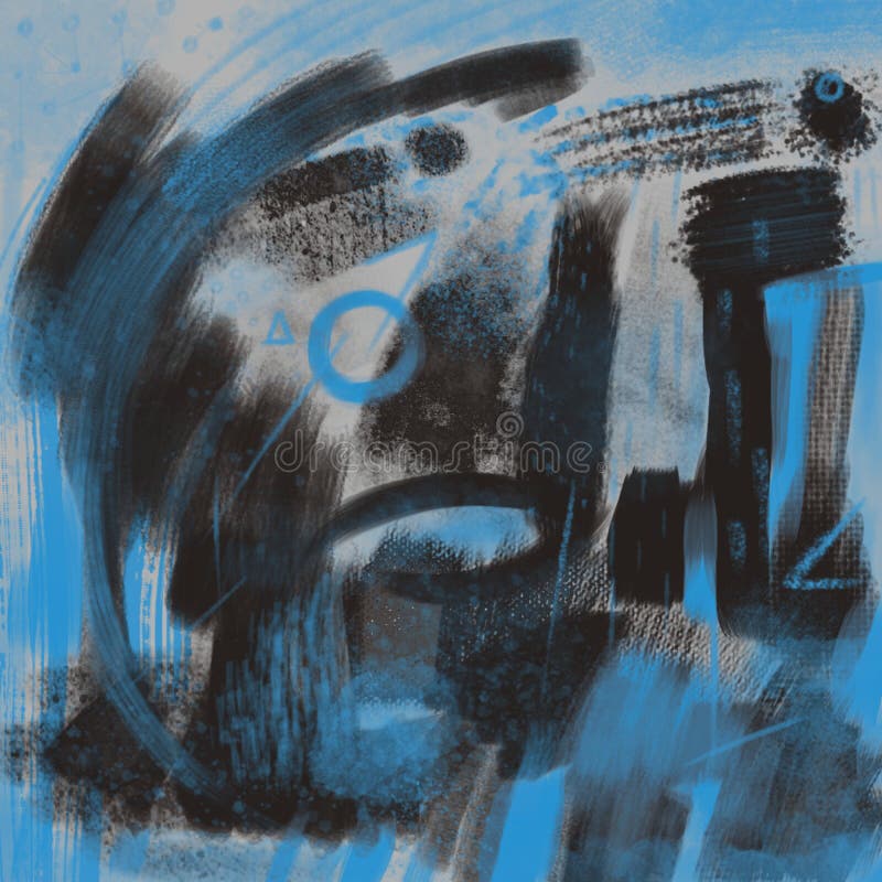Blue Gray and Black Textured with Shapes Abstract Painting Stock Image