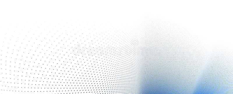 Blue and grey dots in 3D perspective vector abstract background, dotted pattern cool design, wave stream of science technology or royalty free illustration