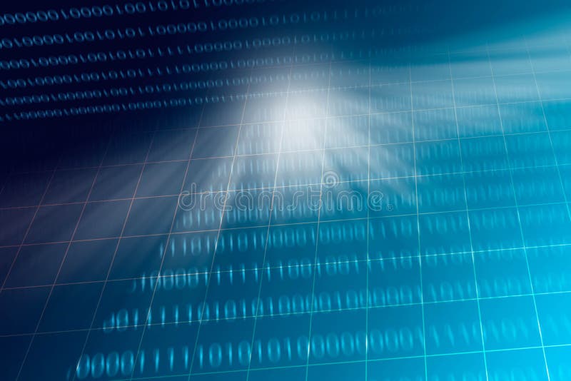 Blue grid with blurred binary code background, computer technology concept