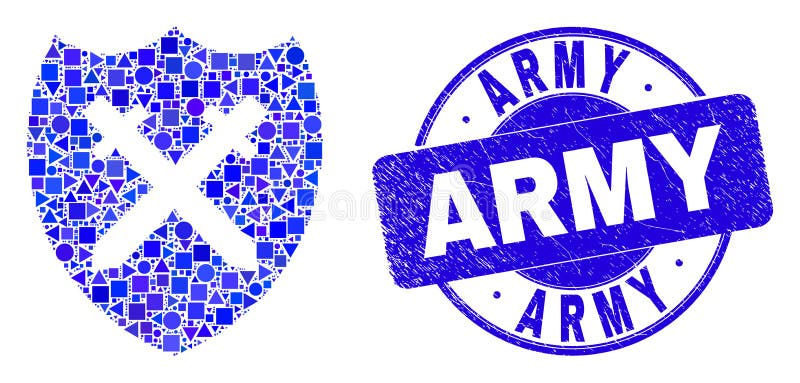 Blue Grunge Army Stamp Seal and Shield and Swords Mosaic stock illustration