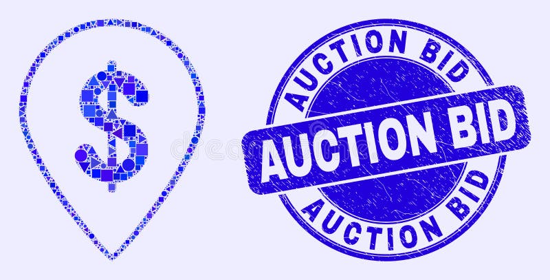 Blue Grunge Auction Bid Stamp and Dollar Map Marker Mosaic. Geometric dollar map marker mosaic icon and Auction Bid seal. Blue vector round scratched seal with royalty free illustration Blue Grunge Auction Bid Stamp and Dollar Map Marker Mosaic. Geometric dollar map marker mosaic icon and Auction Bid seal. Blue vector round scratched seal with royalty free illustration
