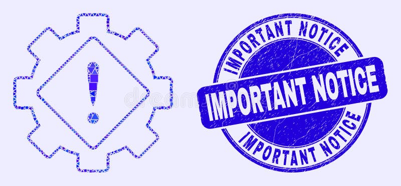 Blue Grunge Important Notice Stamp and Gear Warning Mosaic vector illustration