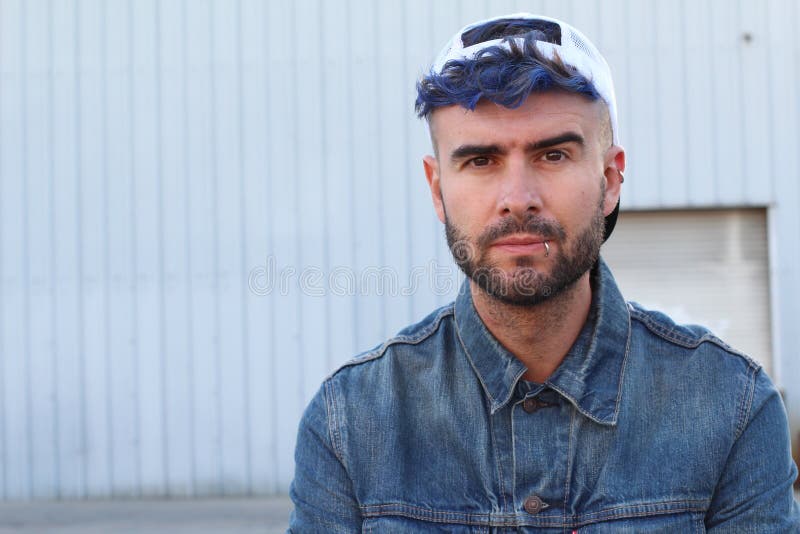 Handsome Stylish Young Man with Artificially Coloured Blue Dyed Hair