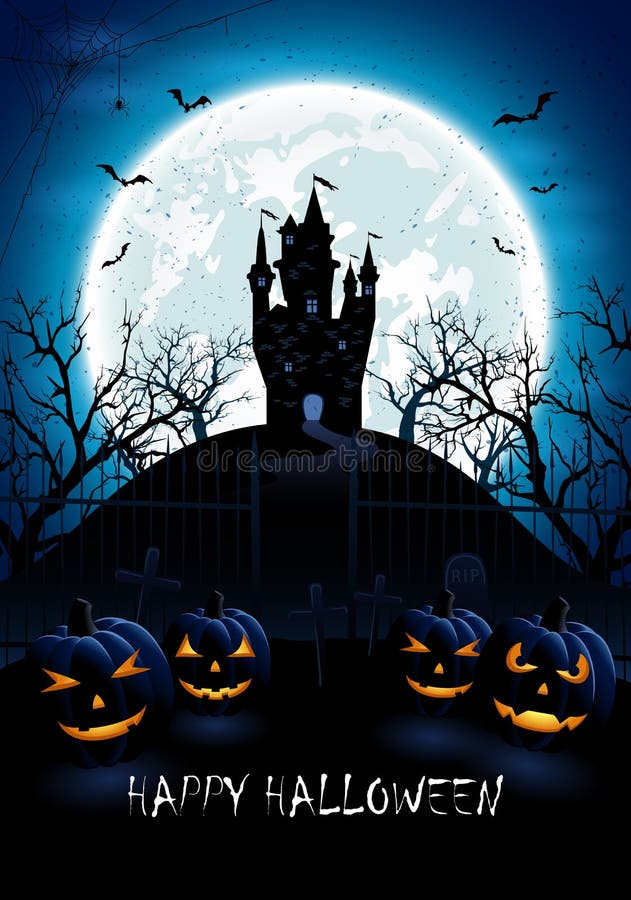Blue Halloween Background with Castle and Pumpkins Stock Vector