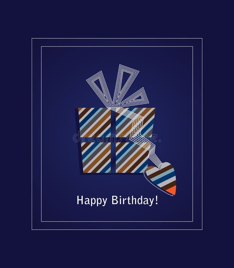 Blue happy birthday card with striped gift box and heart shaped tag. Vector illustration. Shaped gift vectors