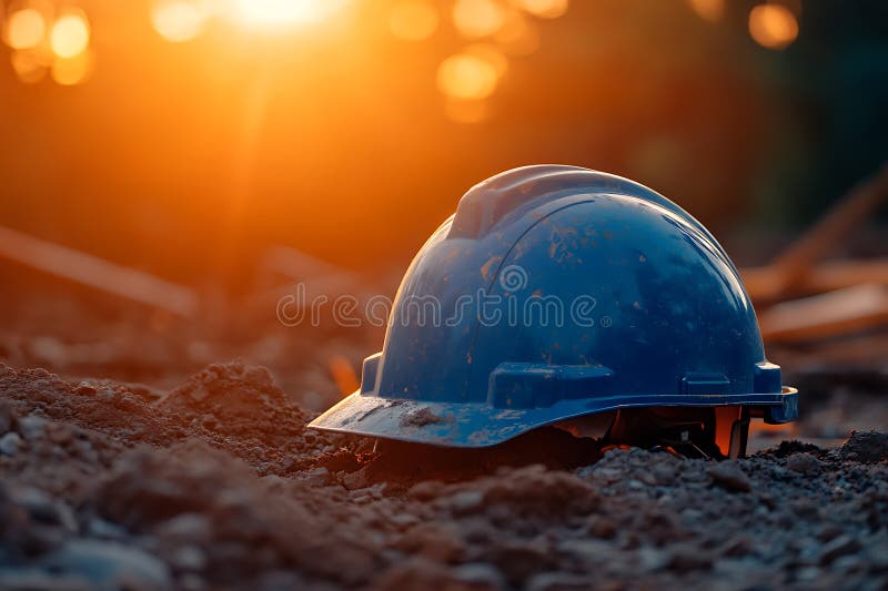 Blue Hard Hat on Construction Site stock illustration