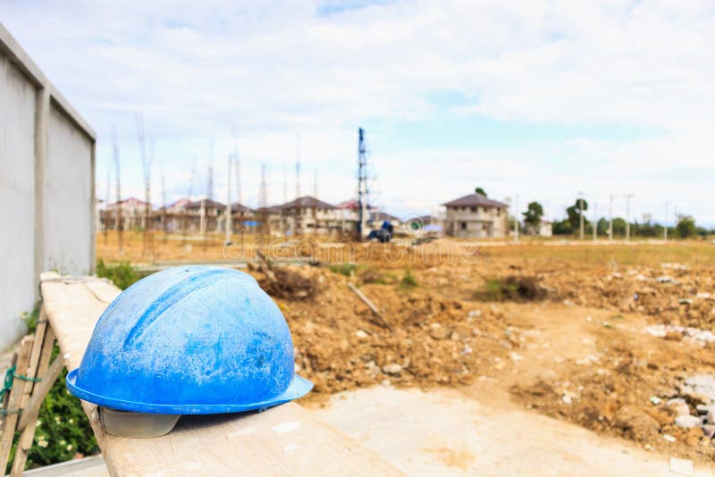 Blue Hard Hat on House Building Construction Site Stock Photo Image