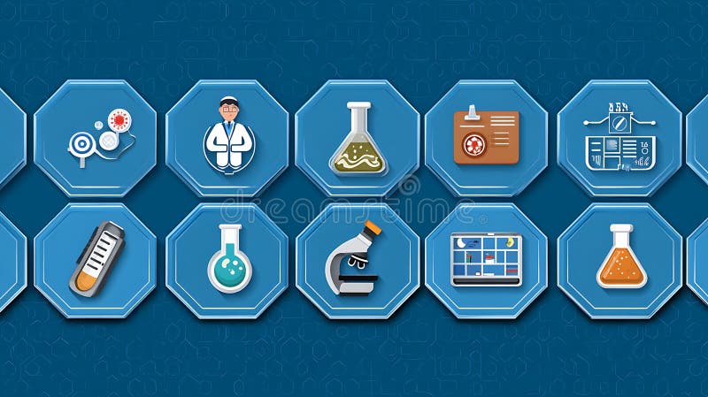 Blue Hexagon Science Icons Pixel Art Illustration vector illustration