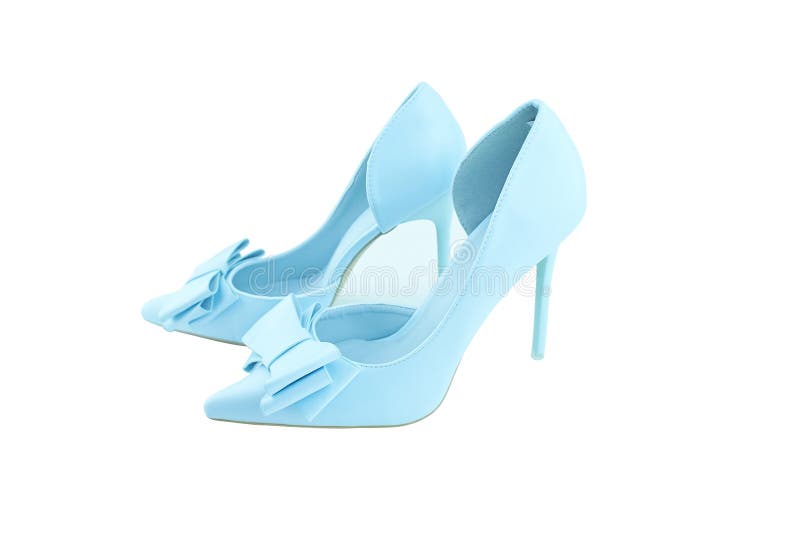 Blue High Heels with Bow in Front on White Background. Stock Image ...