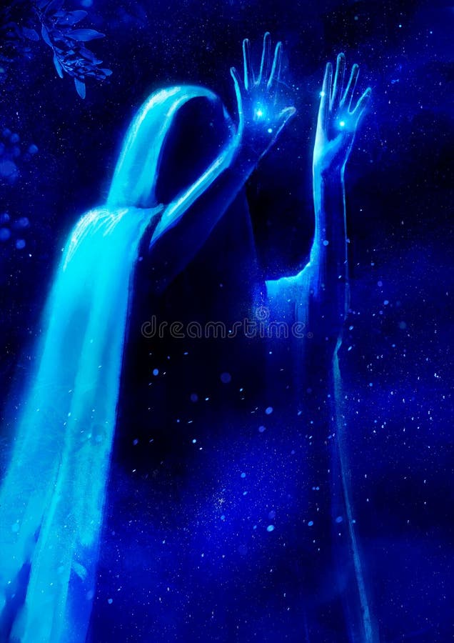 A blue, hooded ghost puts out his hands from his palms, soft light comes out, he is illuminated by moonlight. 2D