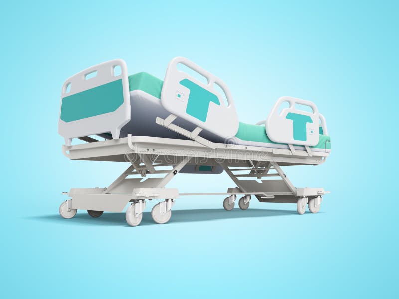Blue Hospital Bed with Lifting Mechanism on Stand Alone Remote Control