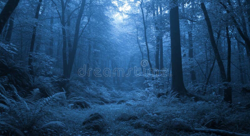 Blue Hour Forest Path: Dark Woods Landscape vector illustration