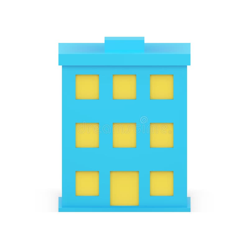 Blue House Building with Yellow Windows and Entrance Front View