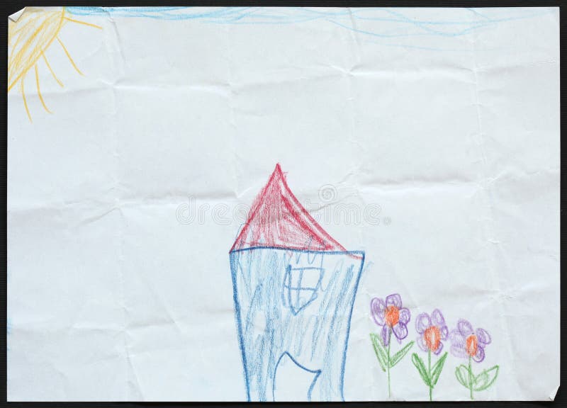 Blue House and Flowers. Child's Drawing. Original child's drawing of a blue house and flowers drawn by a five-year-old girl stock images Blue House and Flowers. Child's Drawing. Original child's drawing of a blue house and flowers drawn by a five-year-old girl stock images