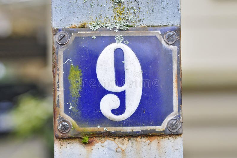 A Blue House Number Plaque, Showing the Number Nine Stock Image Image