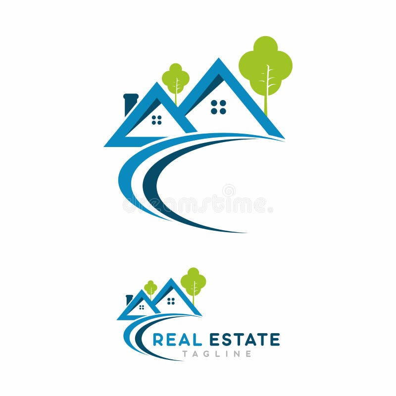 Blue house with 2 small green tree real estate template logo